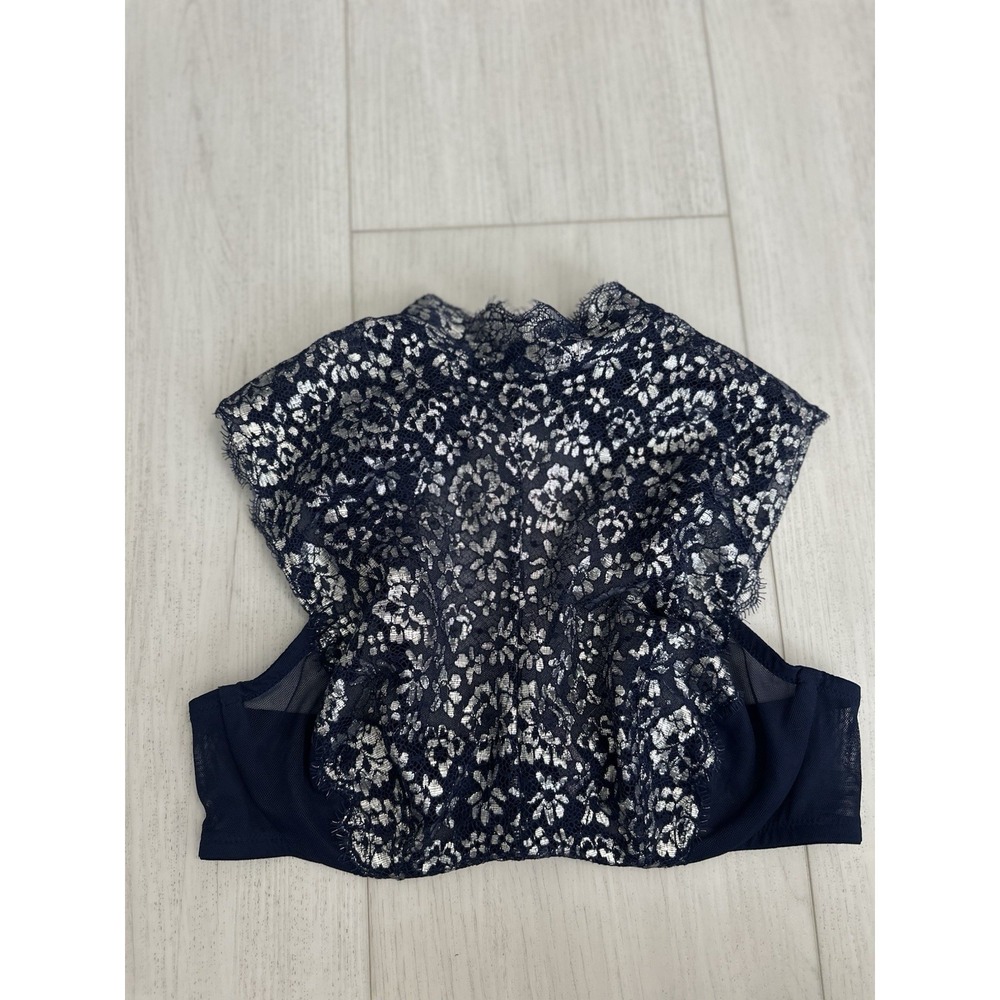 Victoria's Secret Dream Angels Unlined Top Bra Sz 36C High Neck Blue Silver Lace